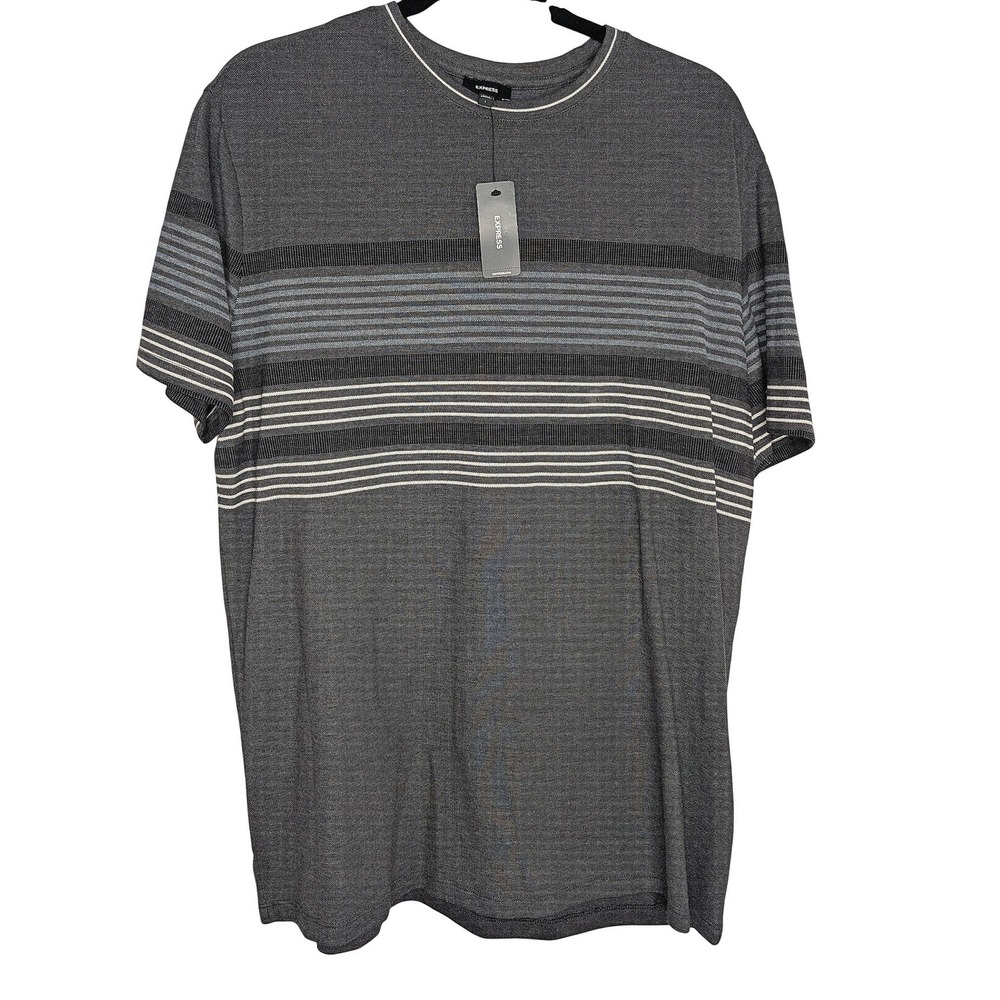 Express Mens Charcoal Gray Striped Short Sleeve Crew Neck T-Shirt L NWT
